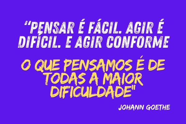 um quadro com fundo azul escrito pensar é fácil, agir é dificil e agir conforme na cor branca. E o restante da frase em amarelo escrito. O que pensamos é de todas a maior dificuldade. no final tem o autor chamado Johann goethe