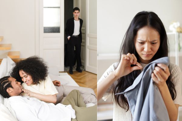casais infiel casal na cama e um garoto chegando na porta e outra foto de uma mulher olhando desconfiada para uma calça