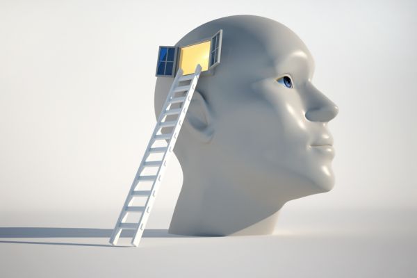 como conhecer a si mesmo cabeça de um boneco com escada e uma janela no cérebro